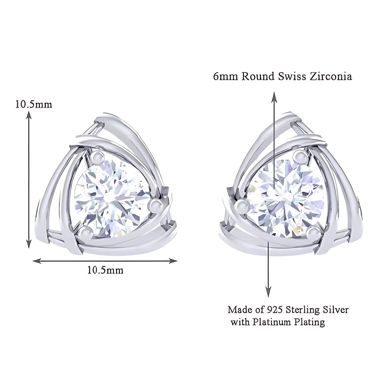 Pure 925 Hallmarked Silver Tria Solitaire Stud Earrings