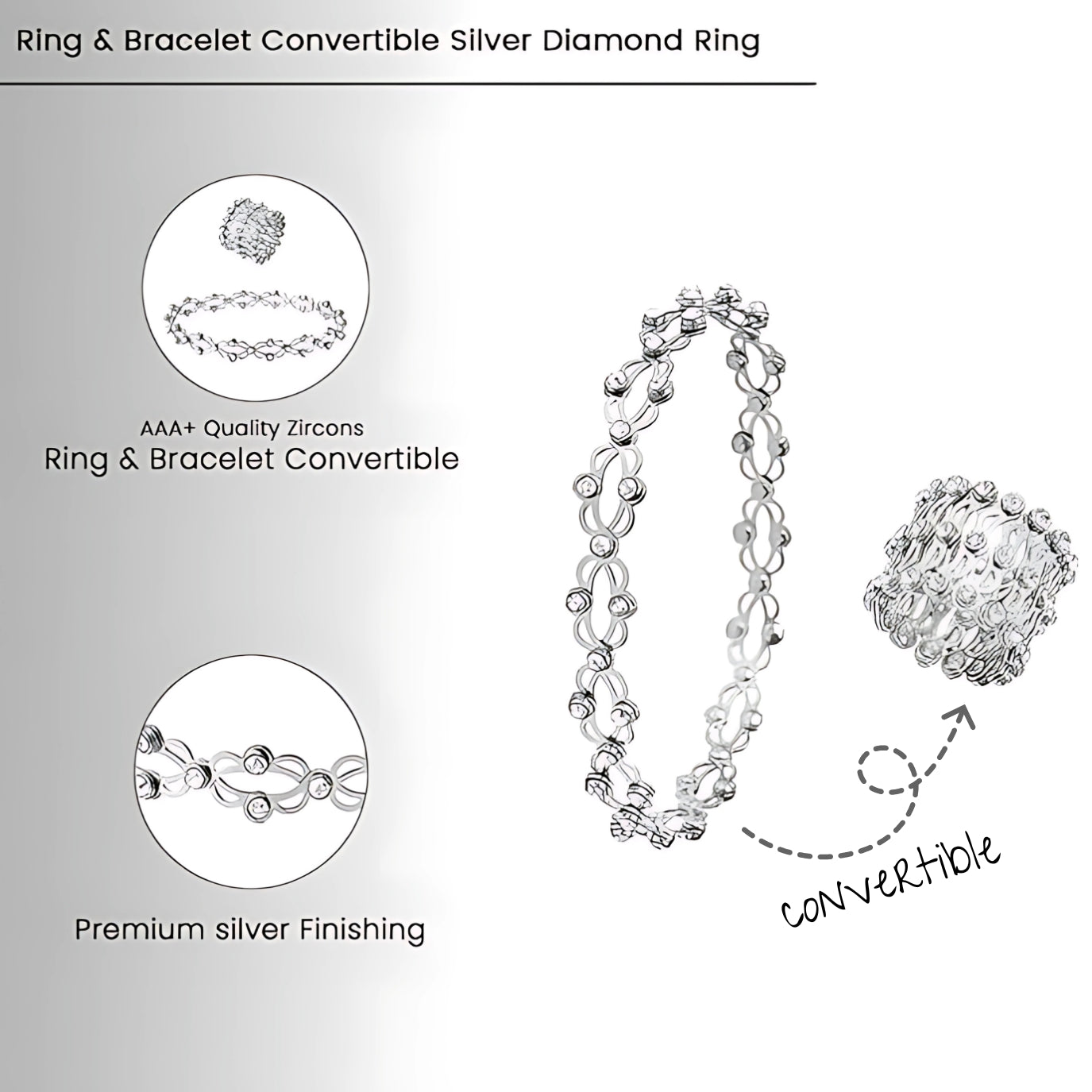 Pure 925 Hallmarked Silver Convertible Ring cum Bracelet, Rhodium Plated & Anti Tarnish