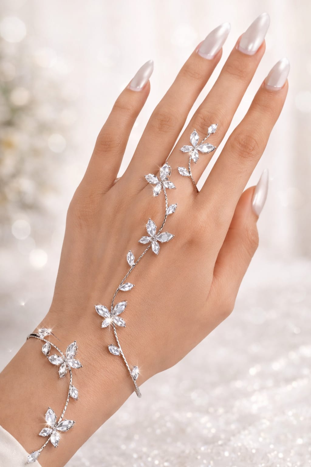 Pure 925 Silver Velora Vine Hand Harness for Women/Girls, White Gold Plated with Swarovski Diamonds