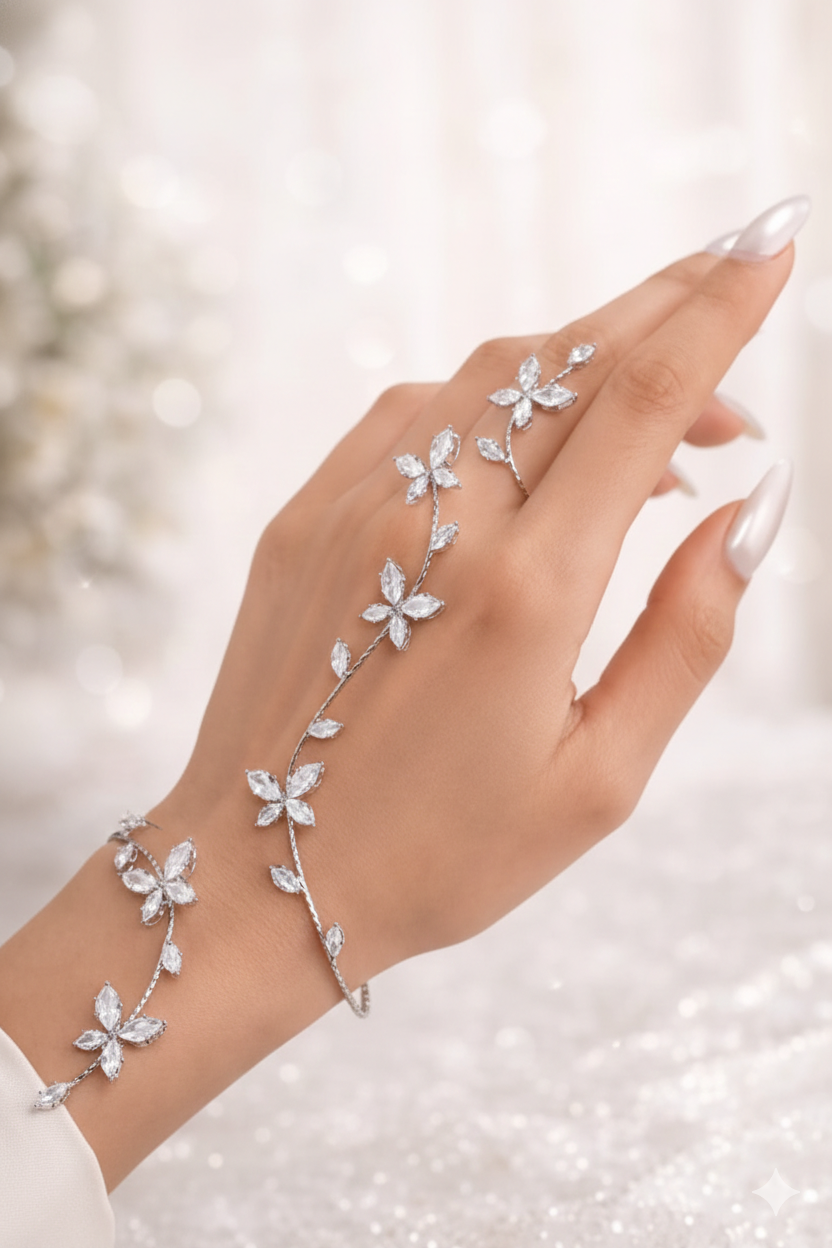 Pure 925 Silver Velora Vine Hand Harness for Women/Girls, White Gold Plated with Swarovski Diamonds