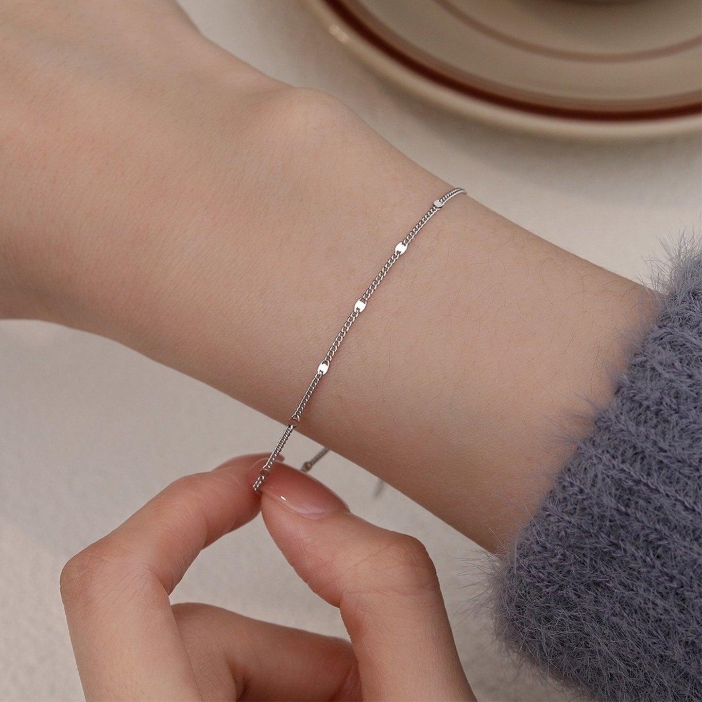 Pure 925 Silver Sleek Chip Chain Bracelet, Adjustable Length 16+5cms