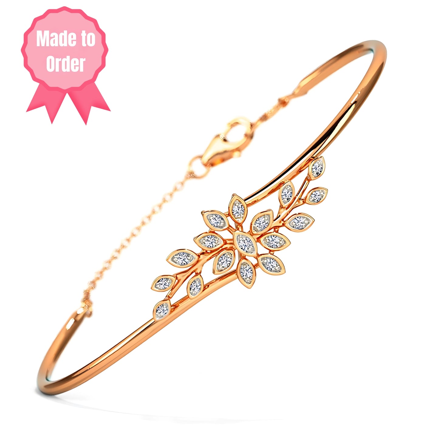 Pure 925 Hallmarked Silver Flora Chain Bangle with 22K Rose Gold Plating + Anti Tarnish for Women & Girls, Gift for Her