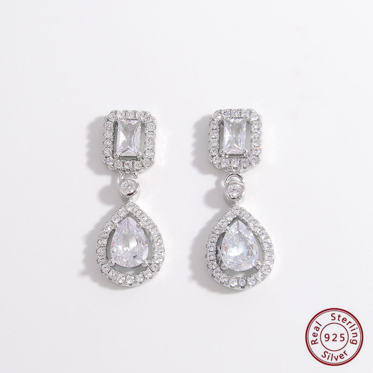 Pure 925 Hallmarked Silver Square Pear Solitaire Earrings, Gift for women & girls