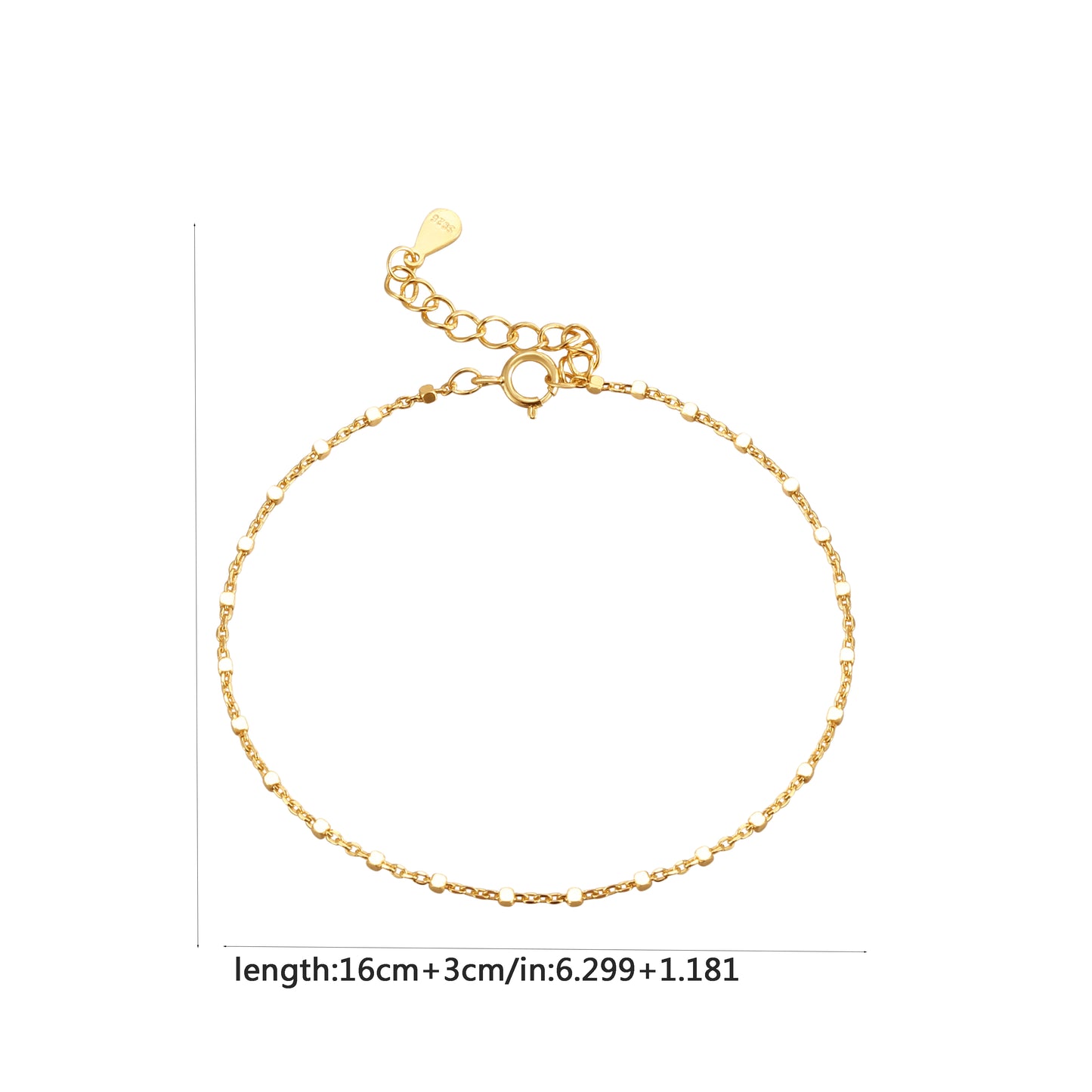 925 Hallmarked Silver Italian Square Box Chain Bracelet 22K Thick Gold Bracelet, Length 16cms+3cms