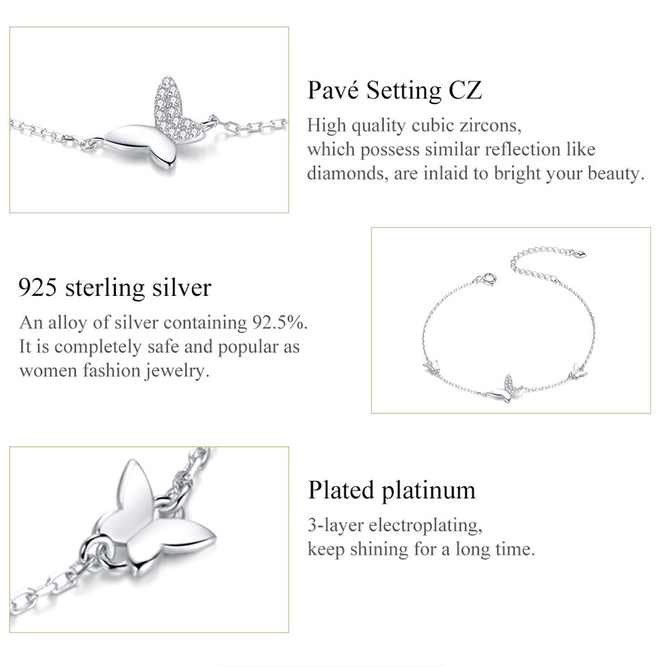 Pure 925 Hallmarked Silver Surrounded Butterfly Tennis Bracelet with Platinum Plating 16+5cms