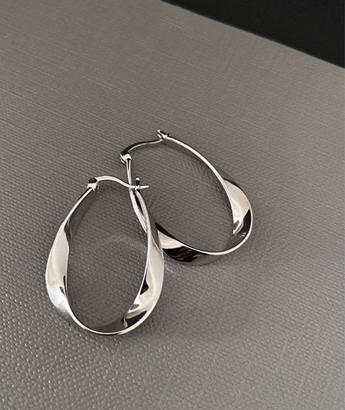 Pure 925 Hallmarked Silver Twisted Large Hoops for Her, Rhodium Plated with Anti Tarnish