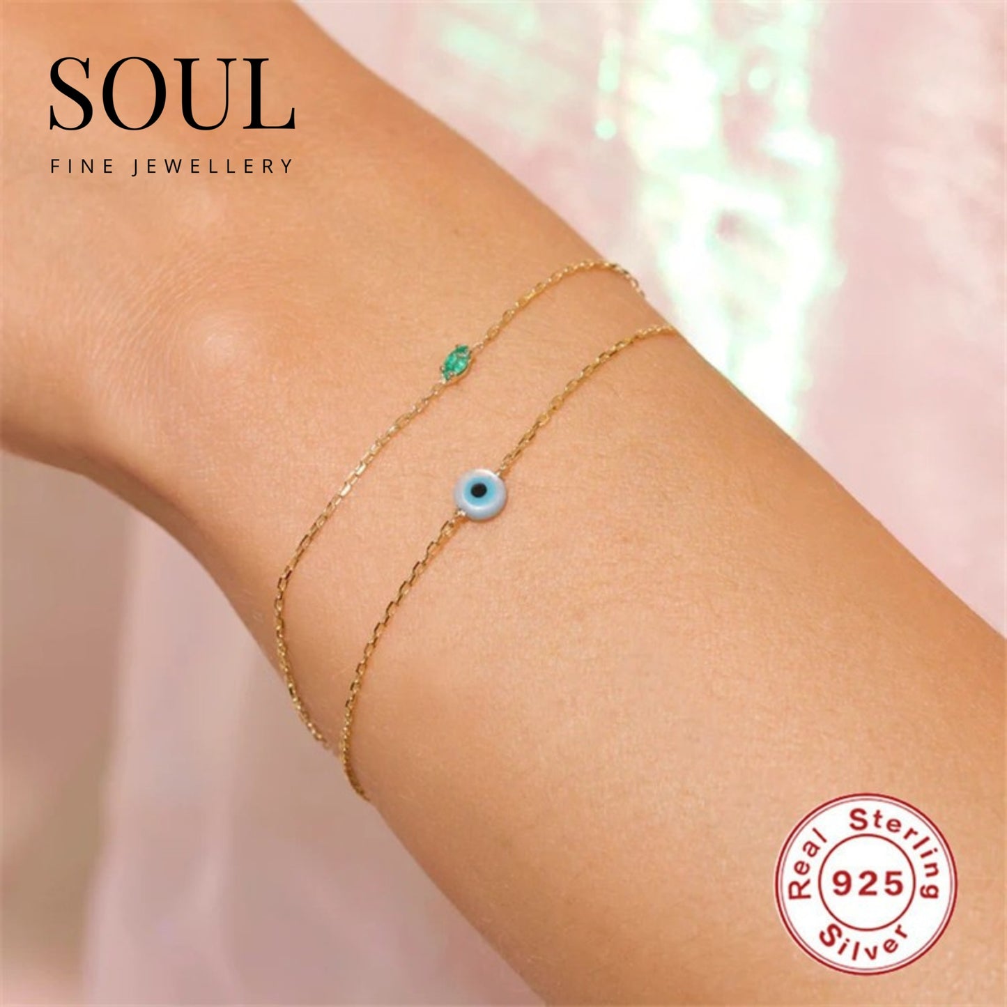 Pure 925 Hallmarked Silver Evil Eye 22K Gold Plated Bracelet for Her
