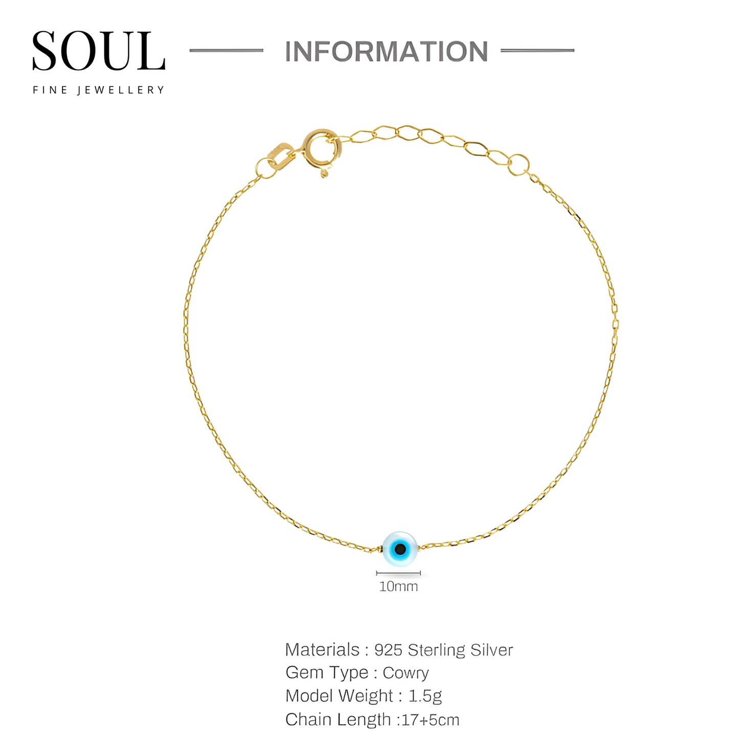 Pure 925 Hallmarked Silver Evil Eye 22K Gold Plated Bracelet for Her