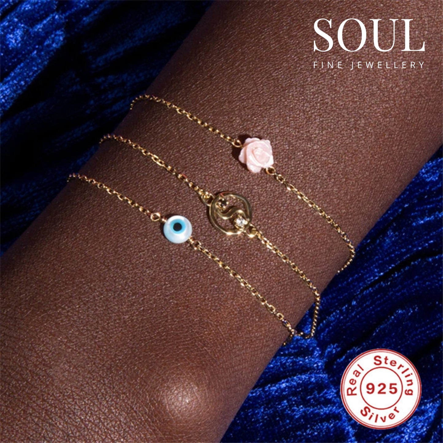 Pure 925 Hallmarked Silver Evil Eye 22K Gold Plated Bracelet for Her