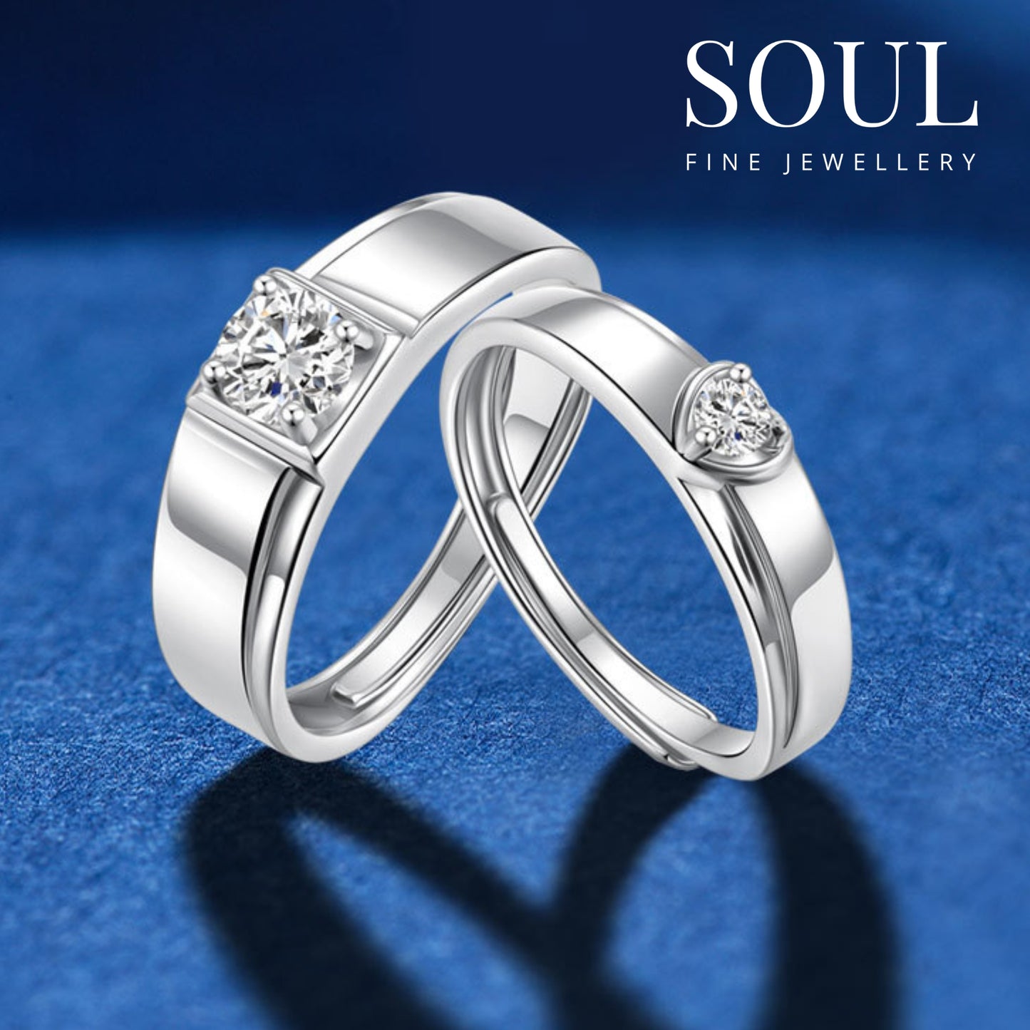 Pure 925 Hallmarked Silver Power Couple Solitaire Adjustable Rings, Gift for Men & Women