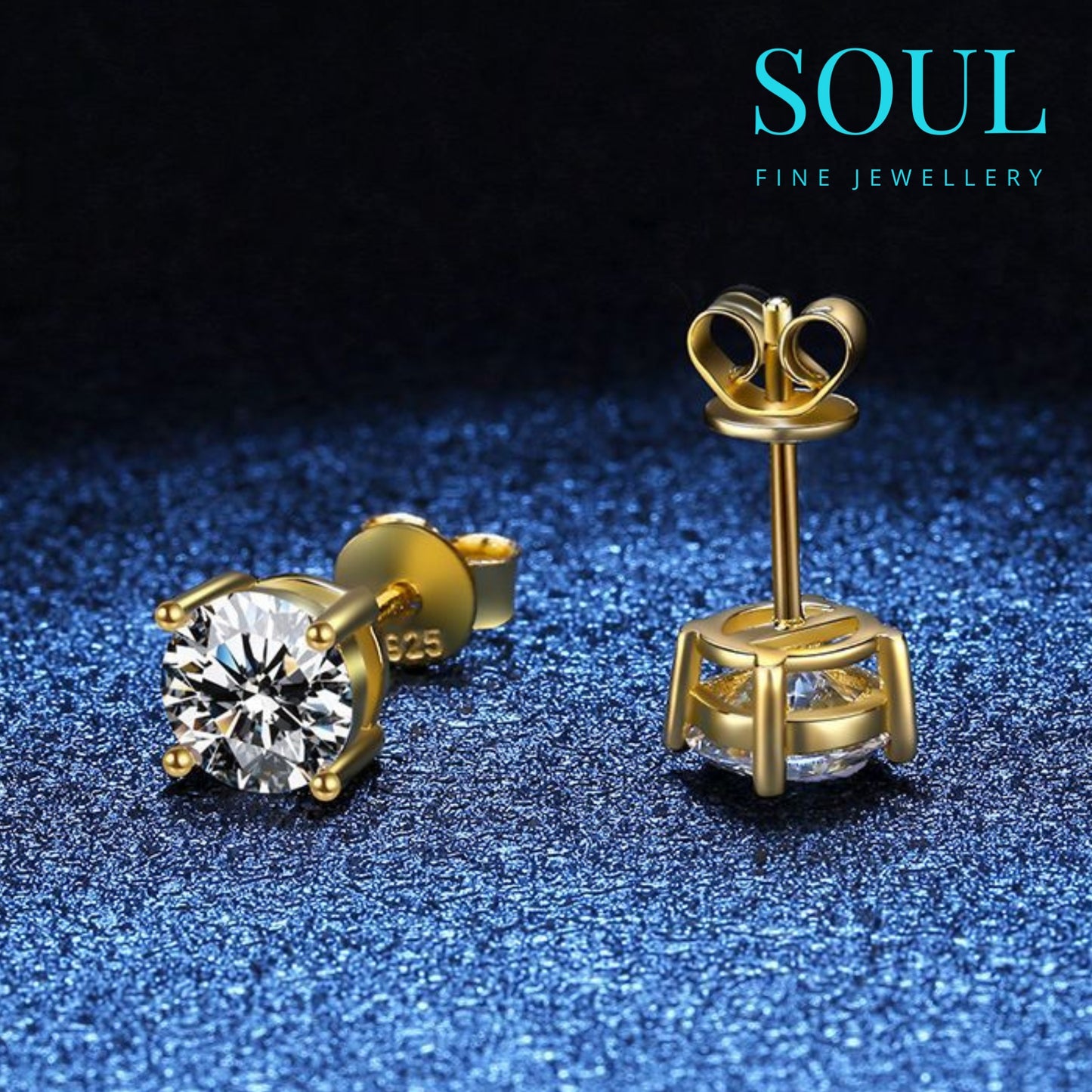 Pure 925 Hallmarked Silver Solitaire Studs 22K Gold Plated, Size 6.5-7mm Round