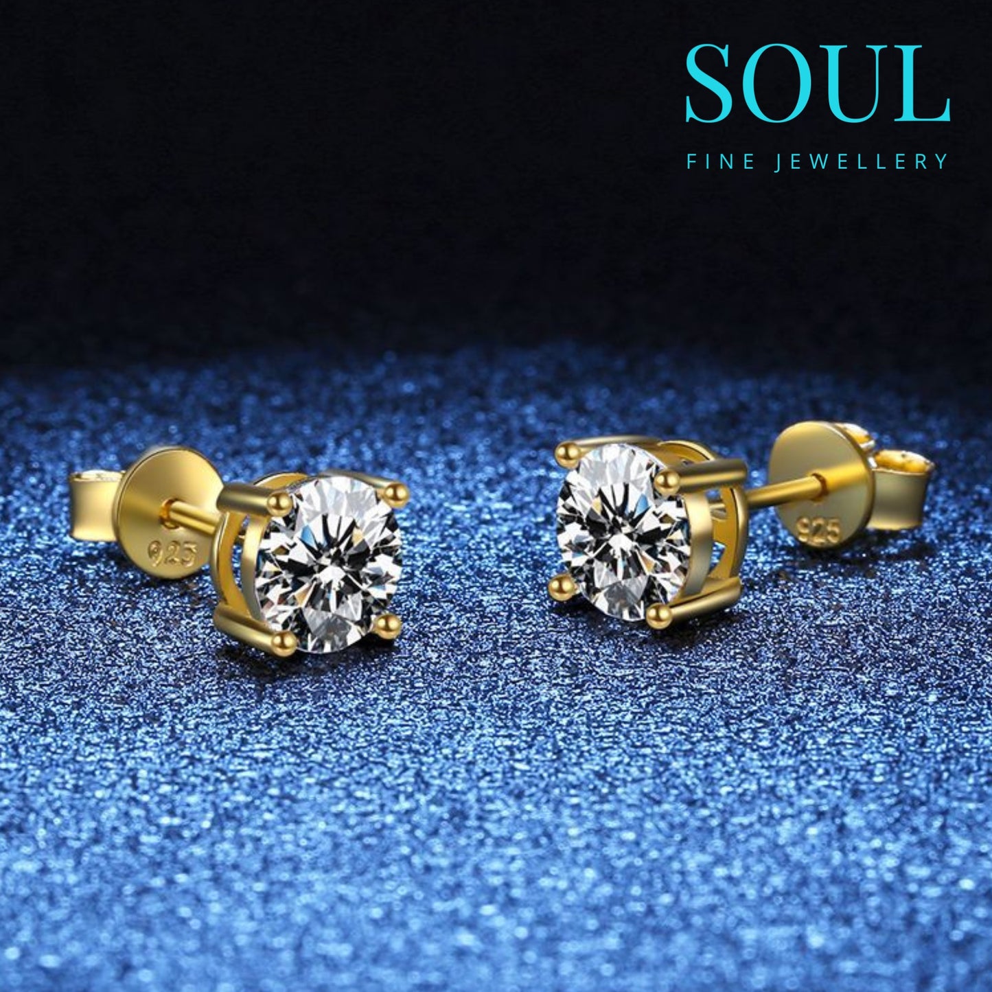 Pure 925 Hallmarked Silver Solitaire Studs 22K Gold Plated, Size 6.5-7mm Round