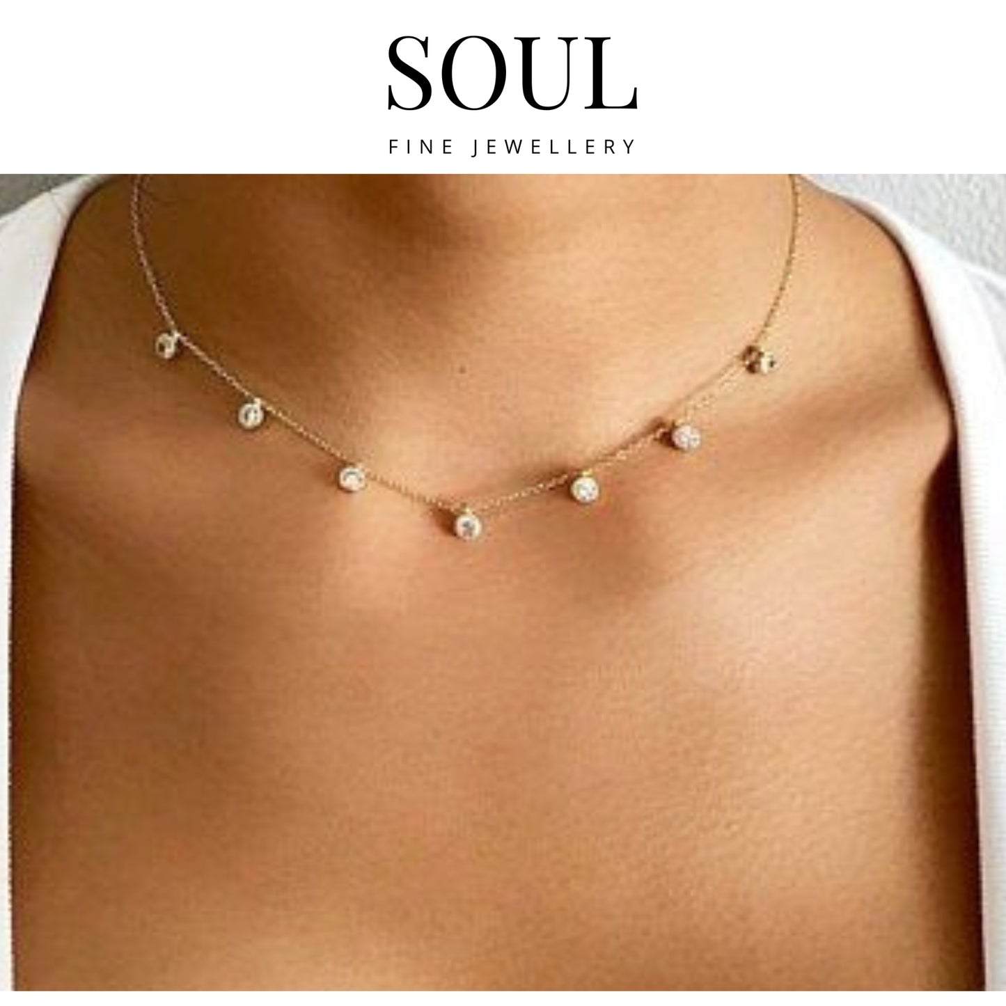 Pure 925 Hallmarked Silver 7 Gem Drops 18K Gold Plated Necklace with Adjustable Length 40+5cms