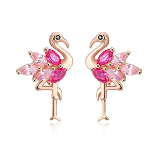 Pure 925 Hallmarked Silver Flamingo Earring Studs Rose Gold Plated