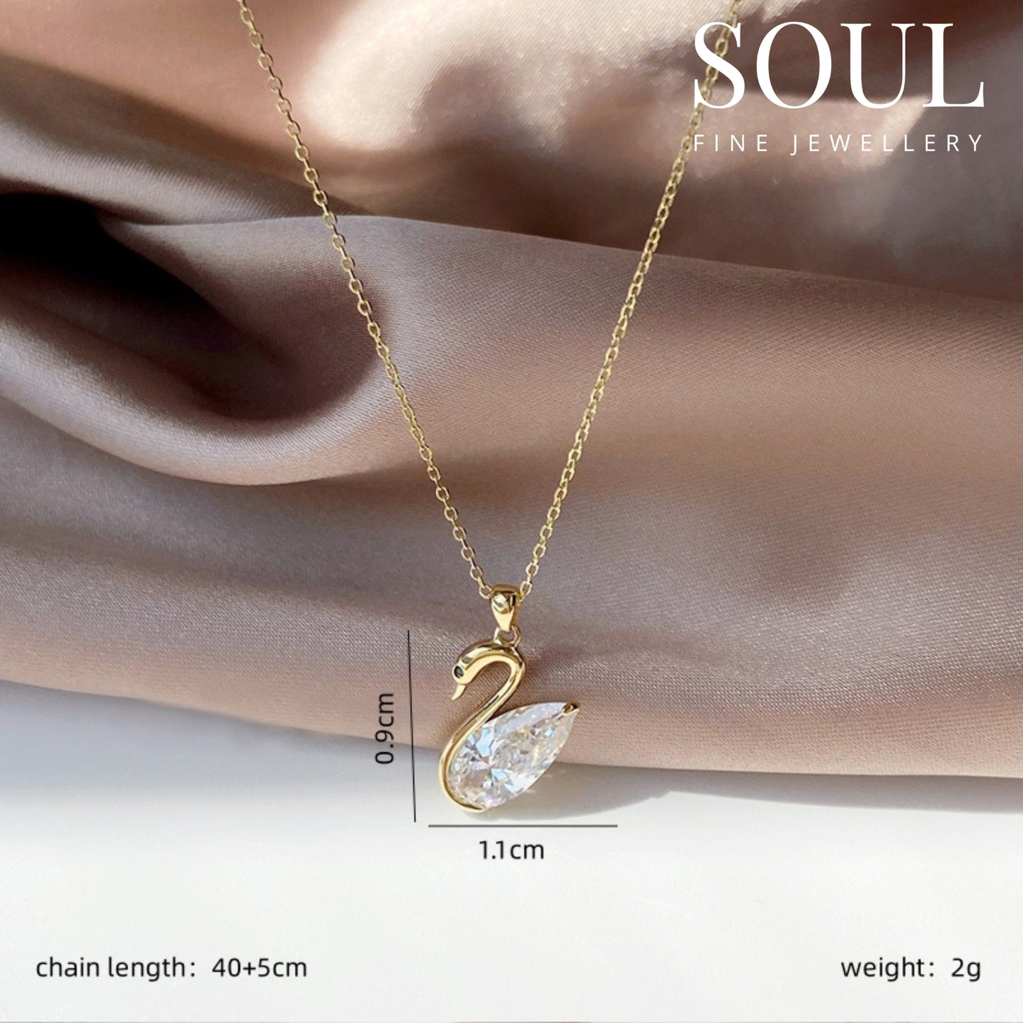 Pure 925 Silver Gracious Swan Necklace with 22K Gold Plating, 40+5cms length