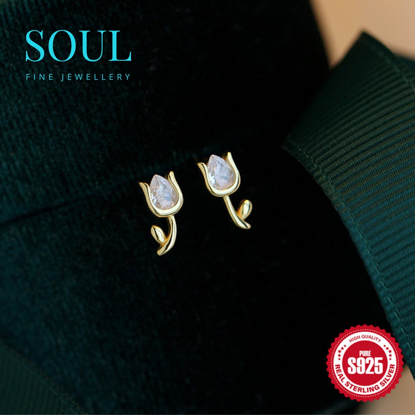 Pure 925 Hallmarked Silver Tulip Stud Earrings with 22K Gold Plated