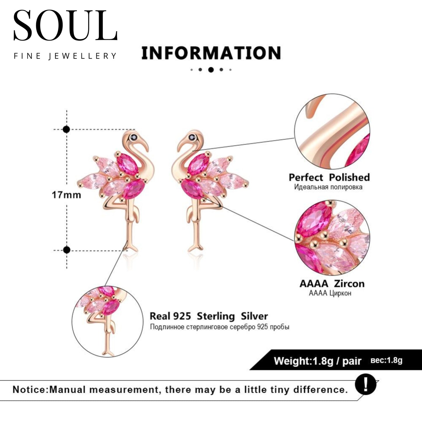 Pure 925 Hallmarked Silver Flamingo Earring Studs Rose Gold Plated