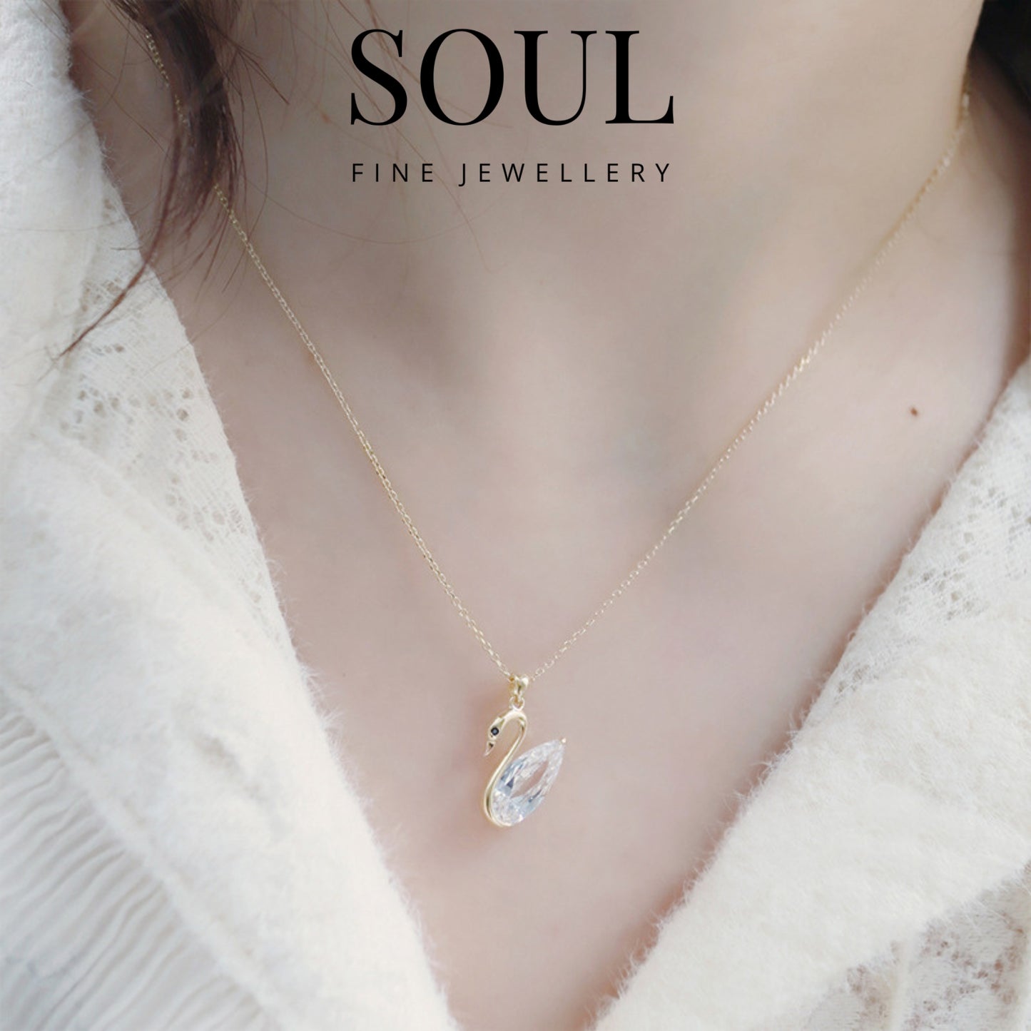 Pure 925 Silver Gracious Swan Necklace with 22K Gold Plating, 40+5cms length