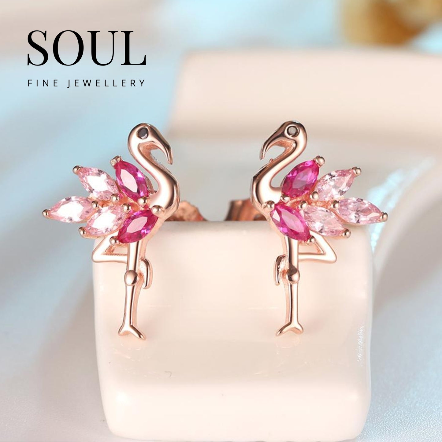 Pure 925 Hallmarked Silver Flamingo Earring Studs Rose Gold Plated