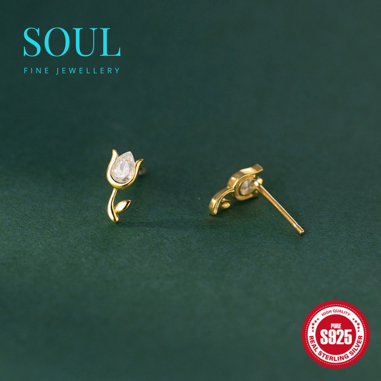 Pure 925 Hallmarked Silver Tulip Stud Earrings with 22K Gold Plated