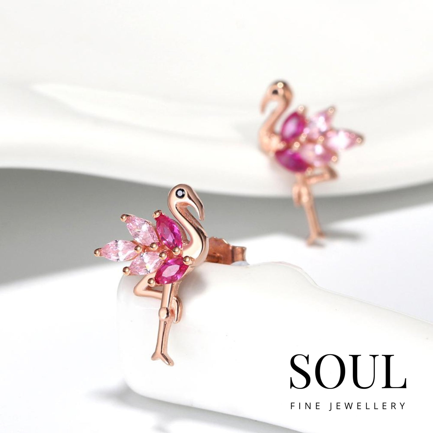 Pure 925 Hallmarked Silver Flamingo Earring Studs Rose Gold Plated