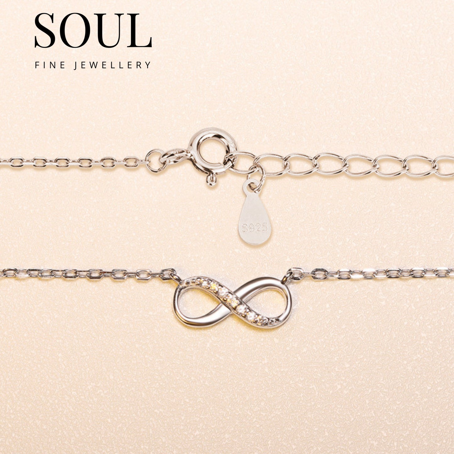 Pure 925 Hallmarked Infinity Chain Necklace, 40+5cms length Rhodium plated with Anti-Tarnish
