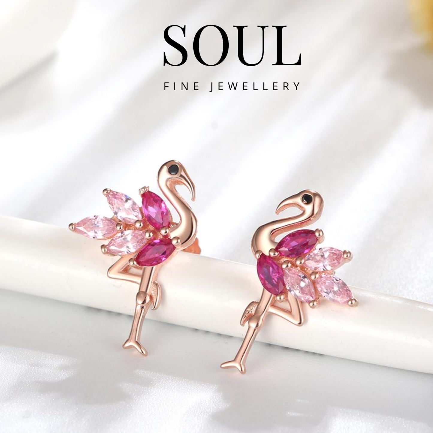 Pure 925 Hallmarked Silver Flamingo Earring Studs Rose Gold Plated