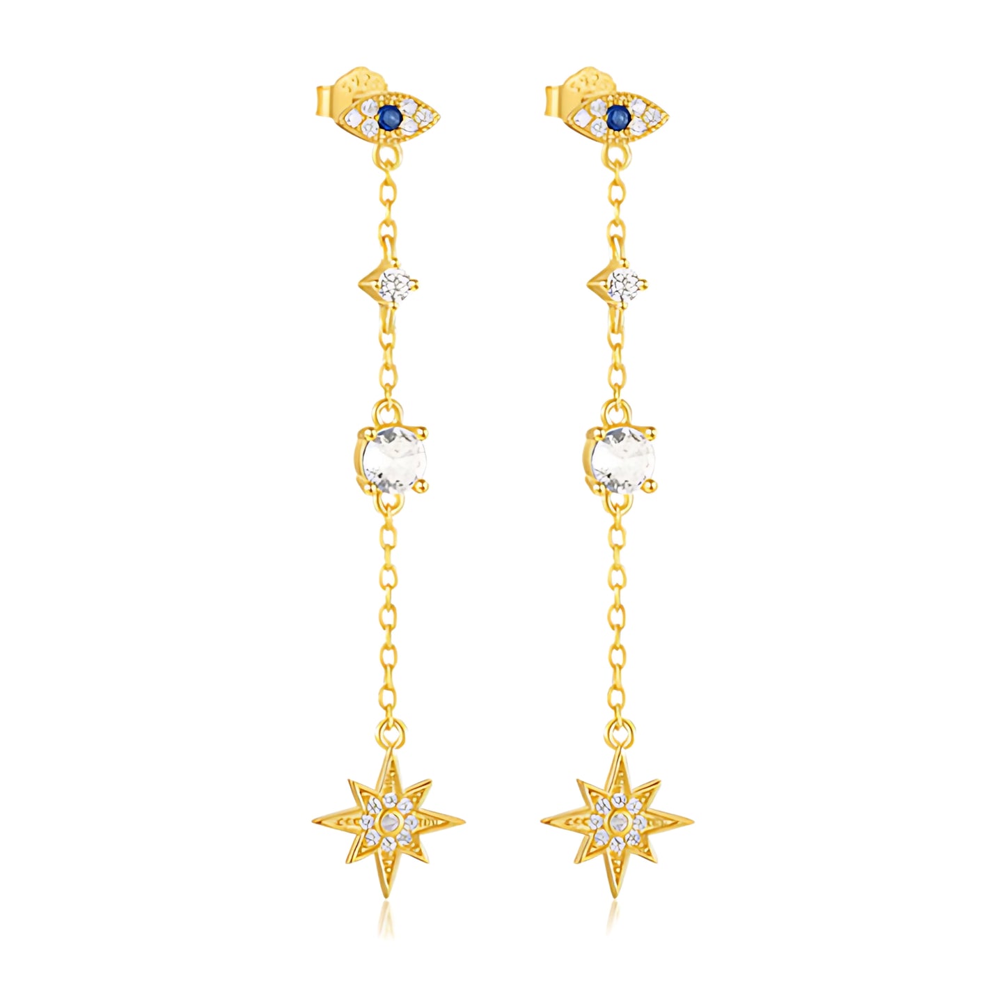 Pure 925 Hallmarked Silver Evil Eye Dangling Earrings with 22K Gold Plating, Gift for Her