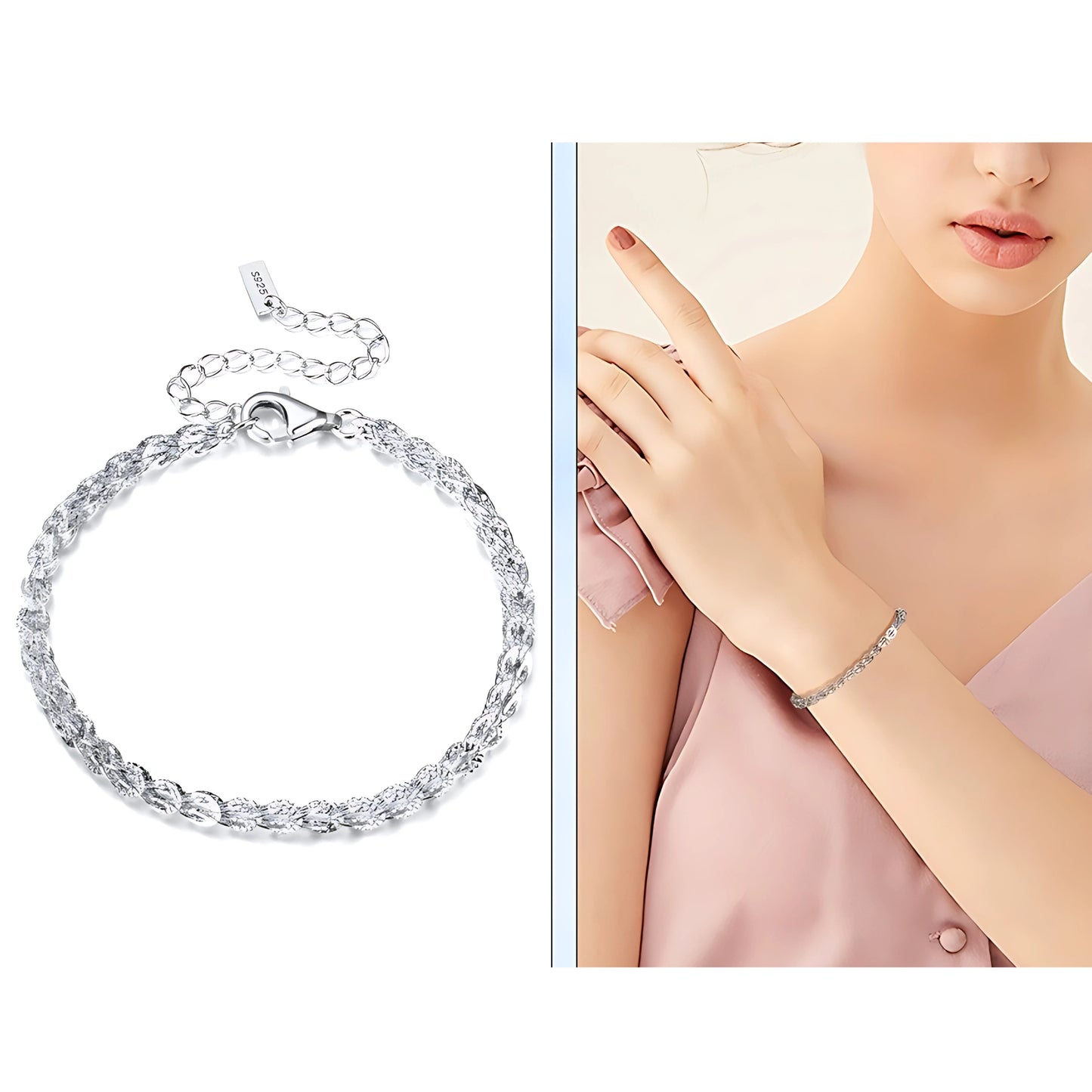 Pure 925 Hallmarked Silver Rhombus Chain Tennis Bracelet, Adjustable length 16.5+5cms