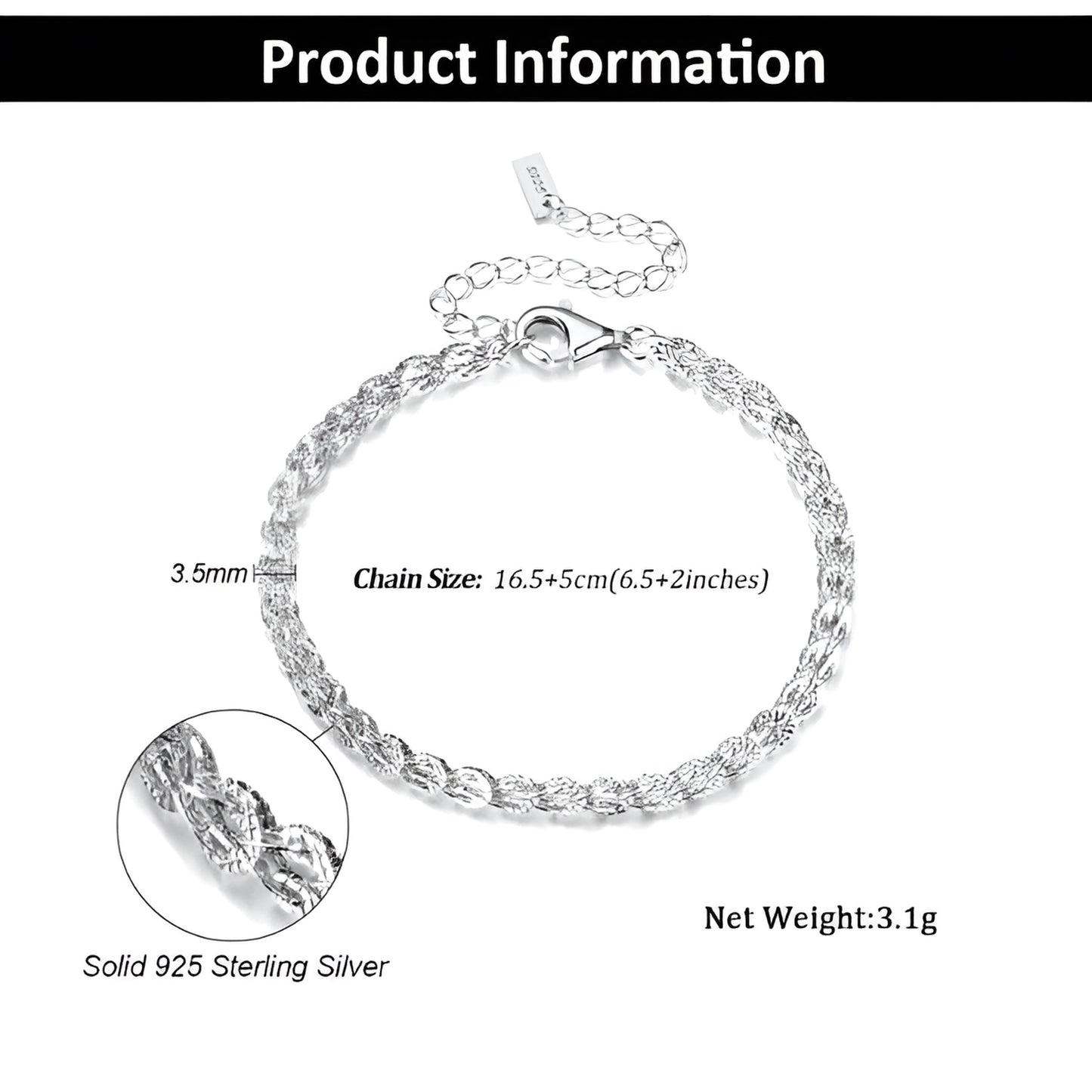 Pure 925 Hallmarked Silver Rhombus Chain Tennis Bracelet, Adjustable length 16.5+5cms