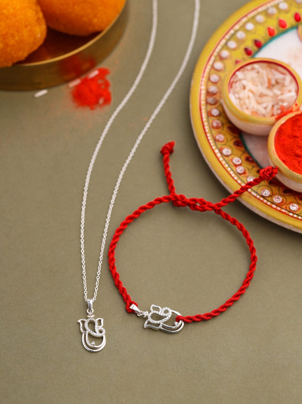 925 Silver Ganesh Rakhi cum Pendant with Swarovski Diamonds, Rhodium Plated with Anti Tarnish