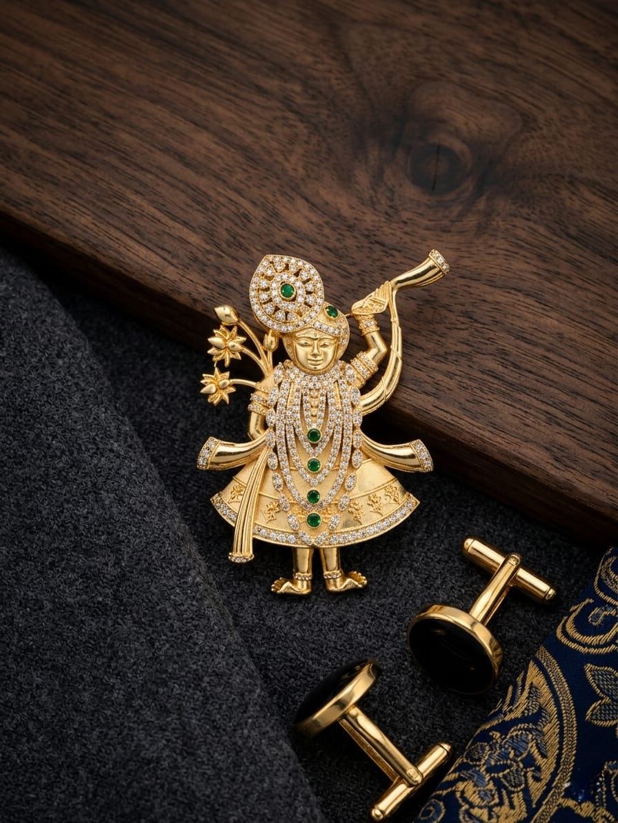 925 Pure Hallmarked Silver Shrinath ji Brooch with 22K Gold Plating and Anti Tarnish for men