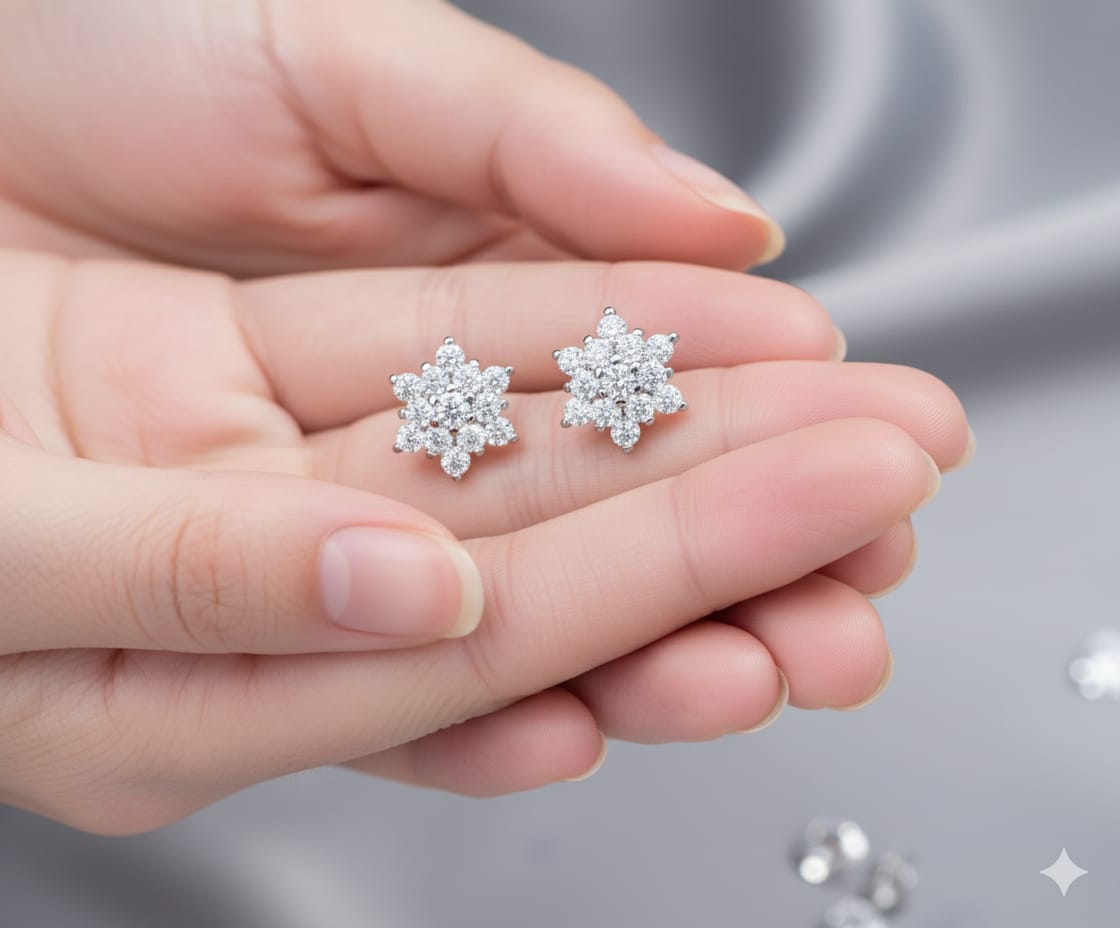 925 Silver Snowflake Ear Studs with Swarovski diamonds, Gift  for her